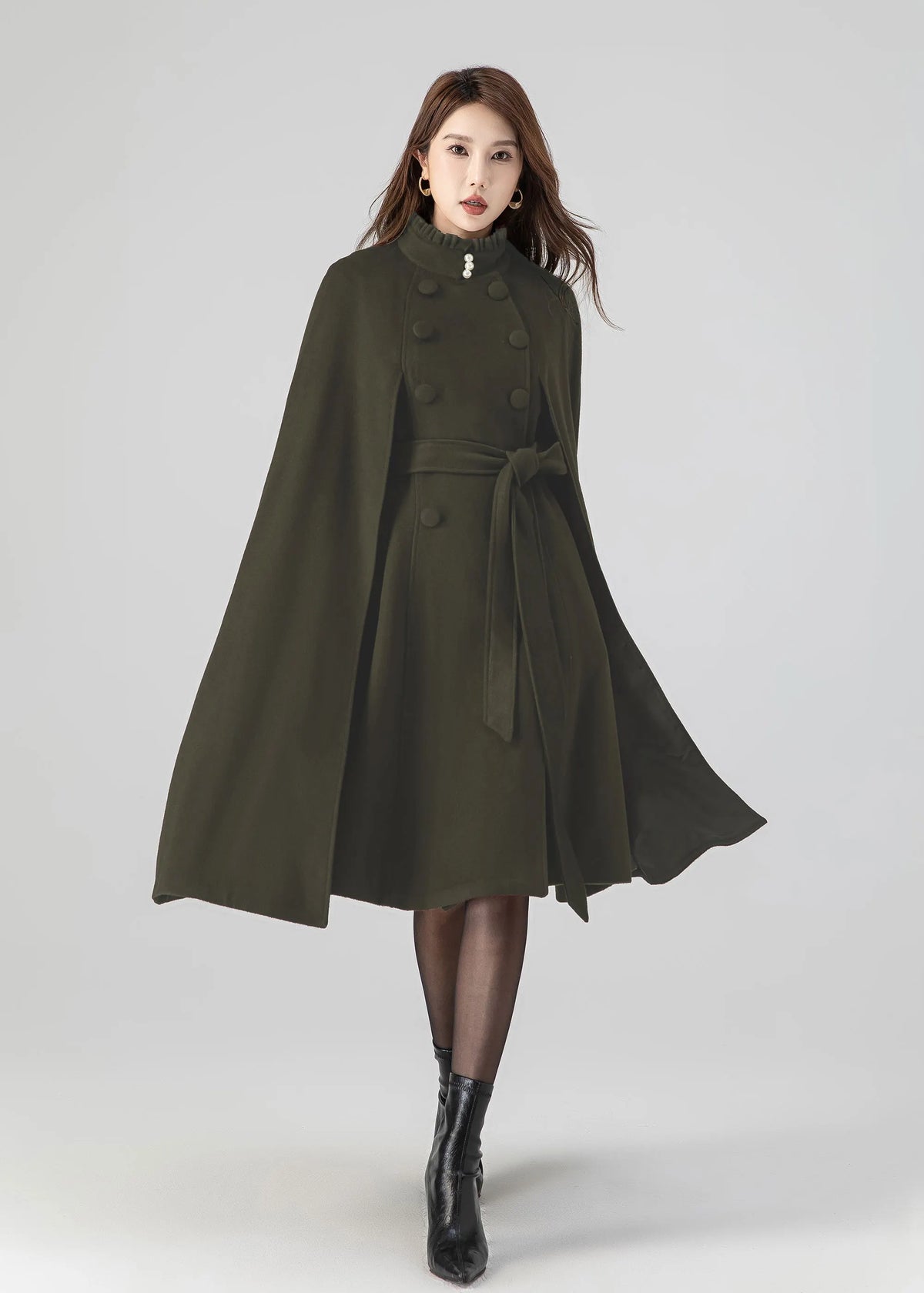 Army Green Wool Cape Coat – Women’s Vintage Stand Collar Cloak with Belt 5552
