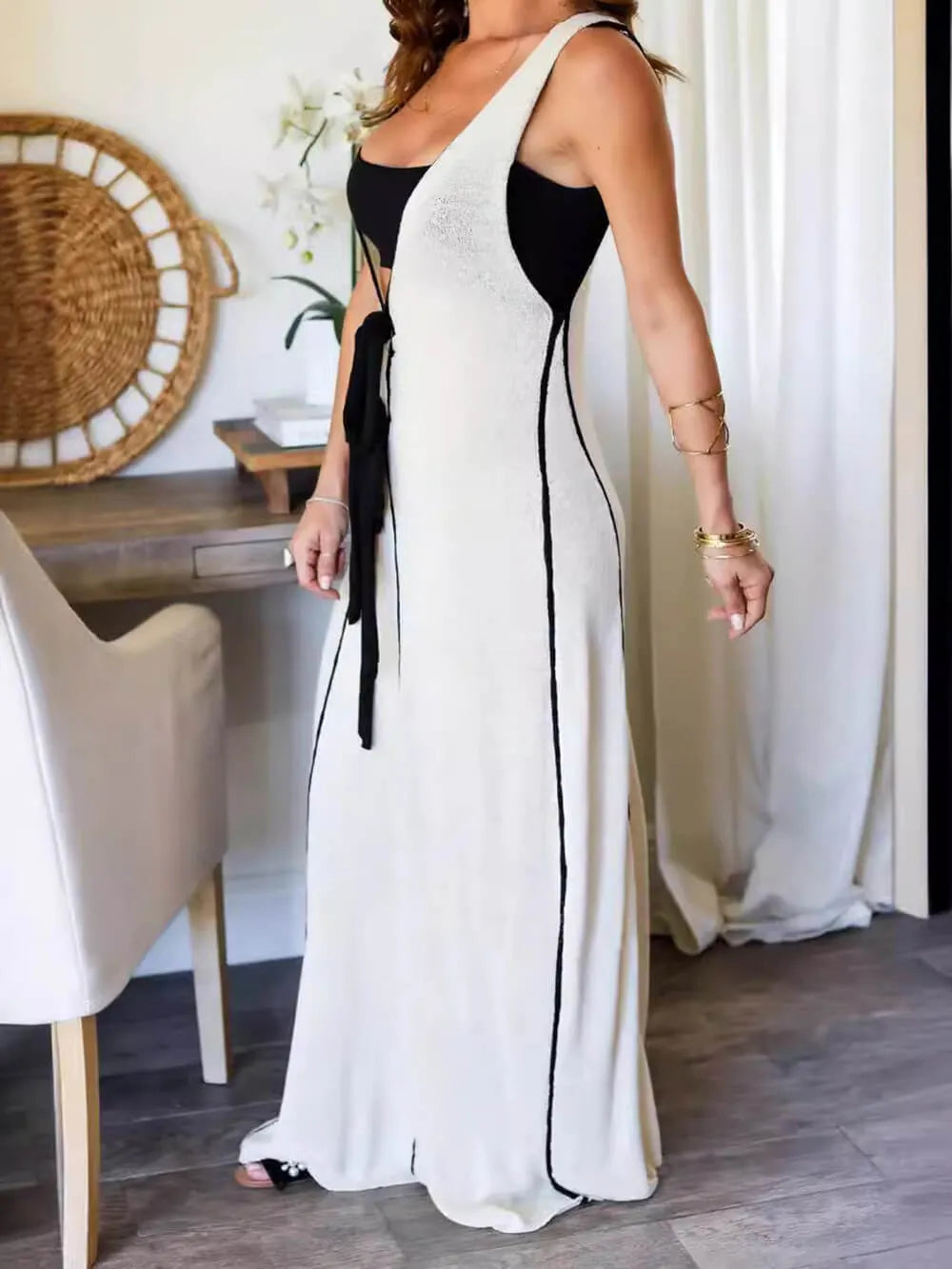 Contrast Color Self-Tie Charming Flowy Oversized Maxi Dress