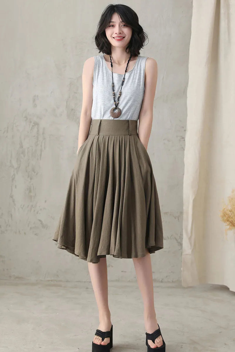 Army Green Linen Skirt - Pleated Full Circle with Pockets 281711