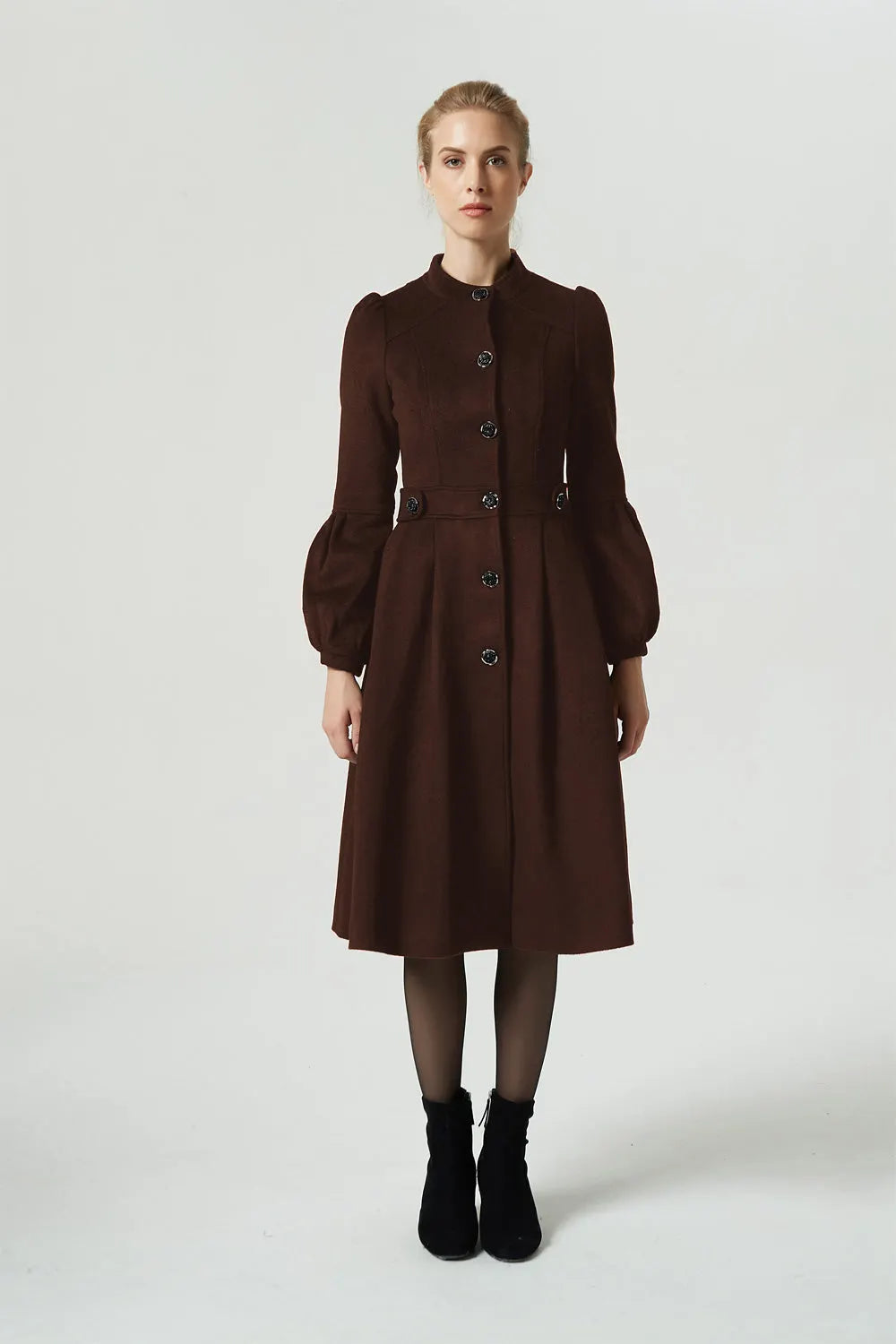 Brown Wool Blend Fit and Flare Dress Coat - Tailored Waist, Button Front 6312