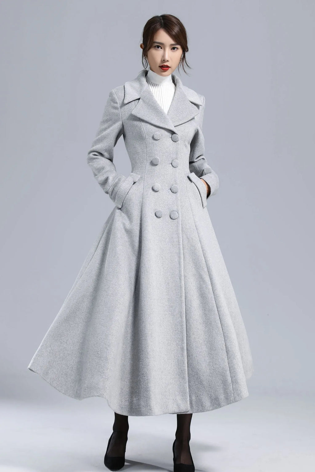 Light Gray Wool Coat – Elegant Double-Breasted Fit and Flare Winter Overcoat 3236