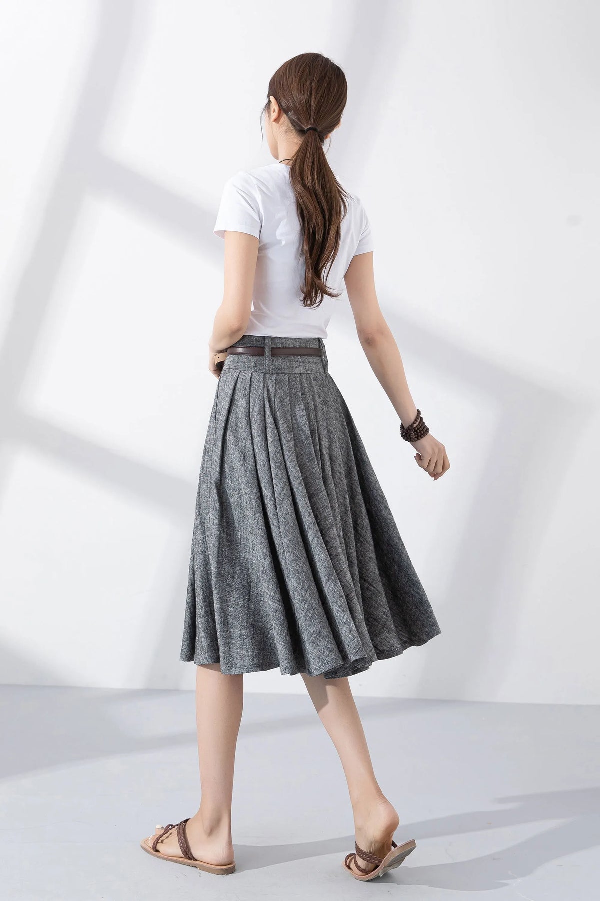 Gray Cotton Linen Pleated Midi Skirt - Flare Circle Swing Silhouette 5801