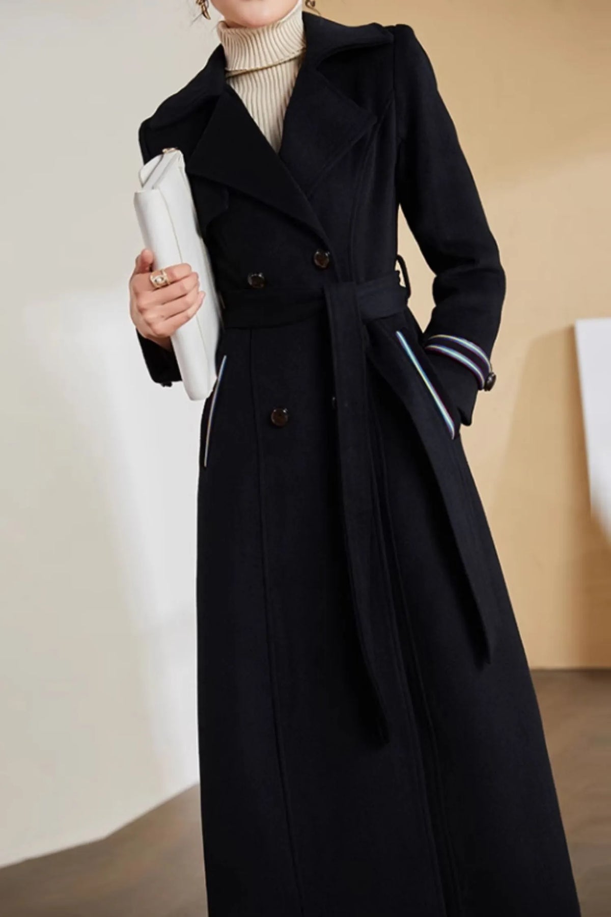Black Wool Long Coat - Tie Belt Waist, Lapel Collar 5283