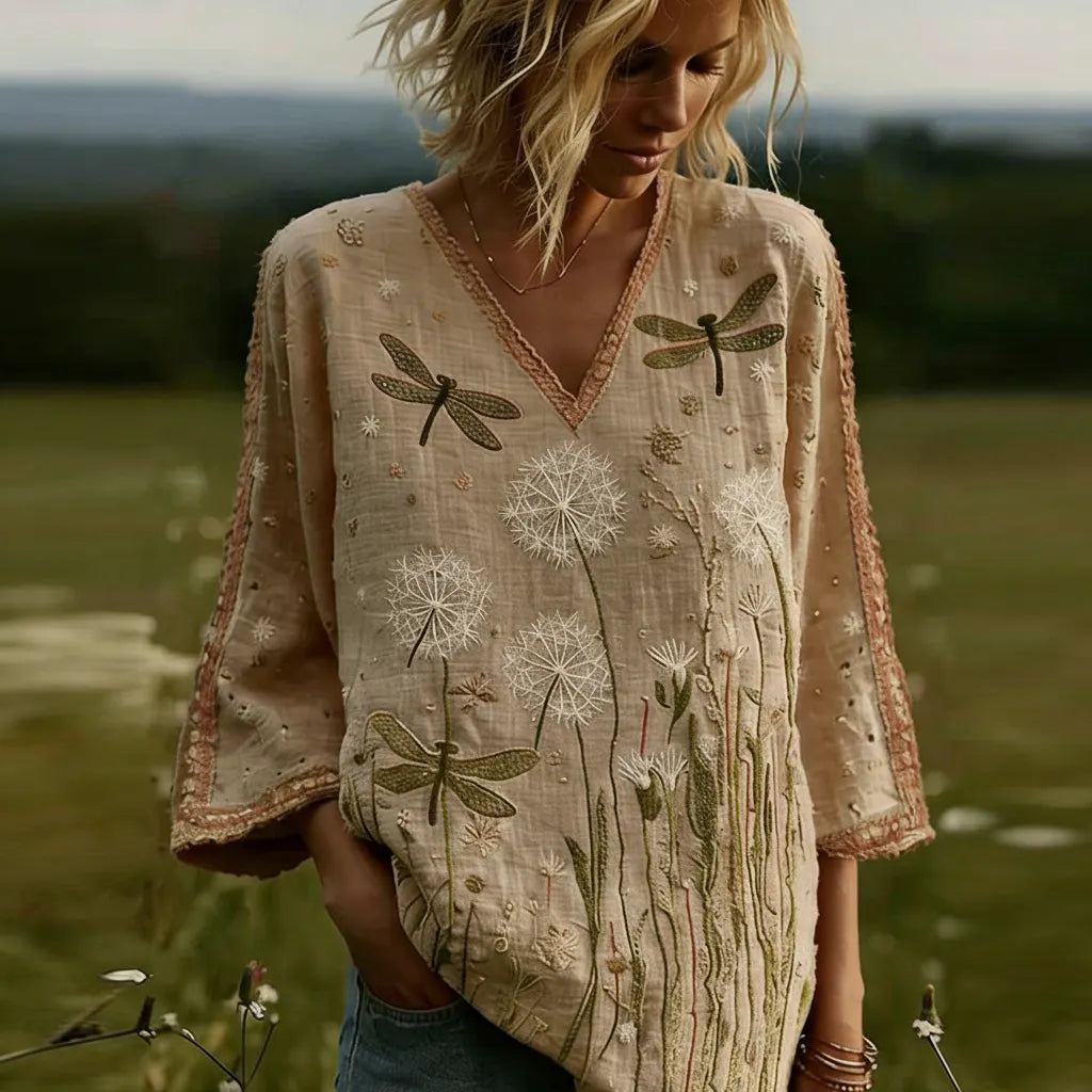 Linen Bohemian Embroidered Top Women's Loose Long Sleeve Peasant Blouse Ethnic Vintage Style Summer Casual Shirt