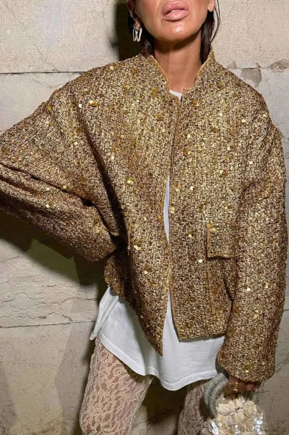 Sequin Coat with Stand Collar and Flap Pockets