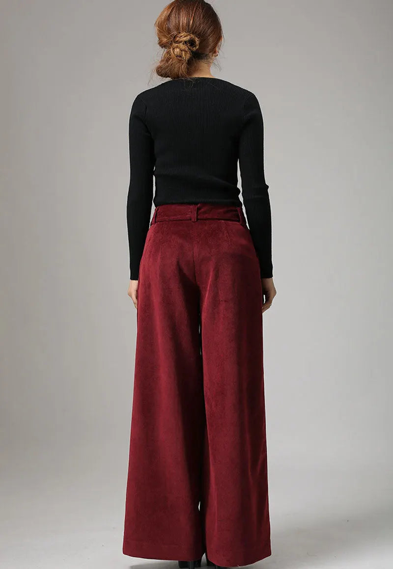 Red Cotton Corduroy Palazzo Pants - Wide Leg Ankle 