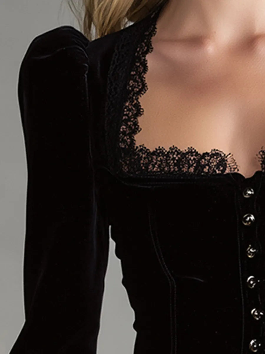 Stylish And Elegant Vintage Lace And Black Velvet Shirt