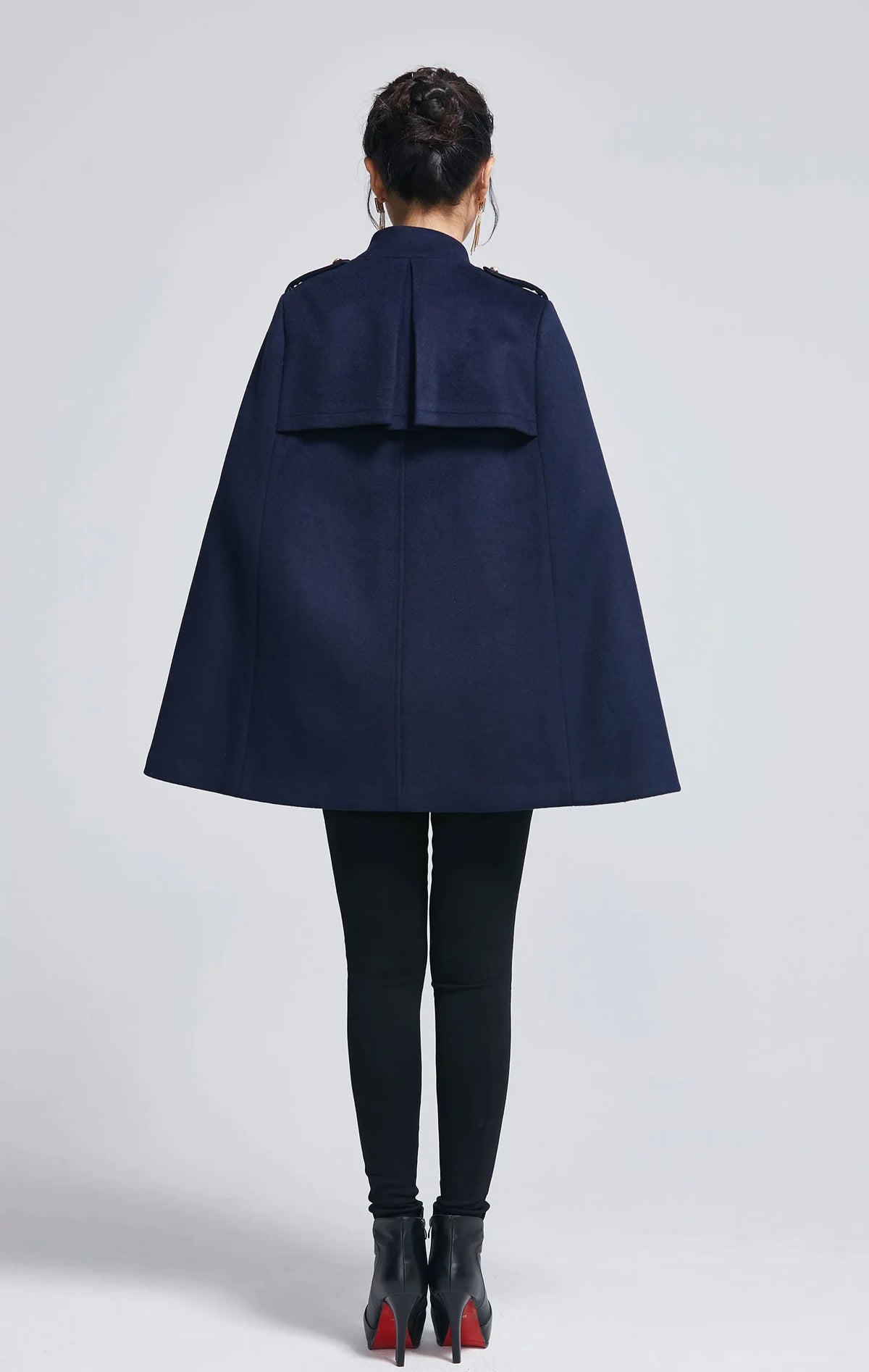 Xiaolizi Navy Wool Cape Coat for Women – Handmade Double-Breasted Winter Cape with High Collar 2279