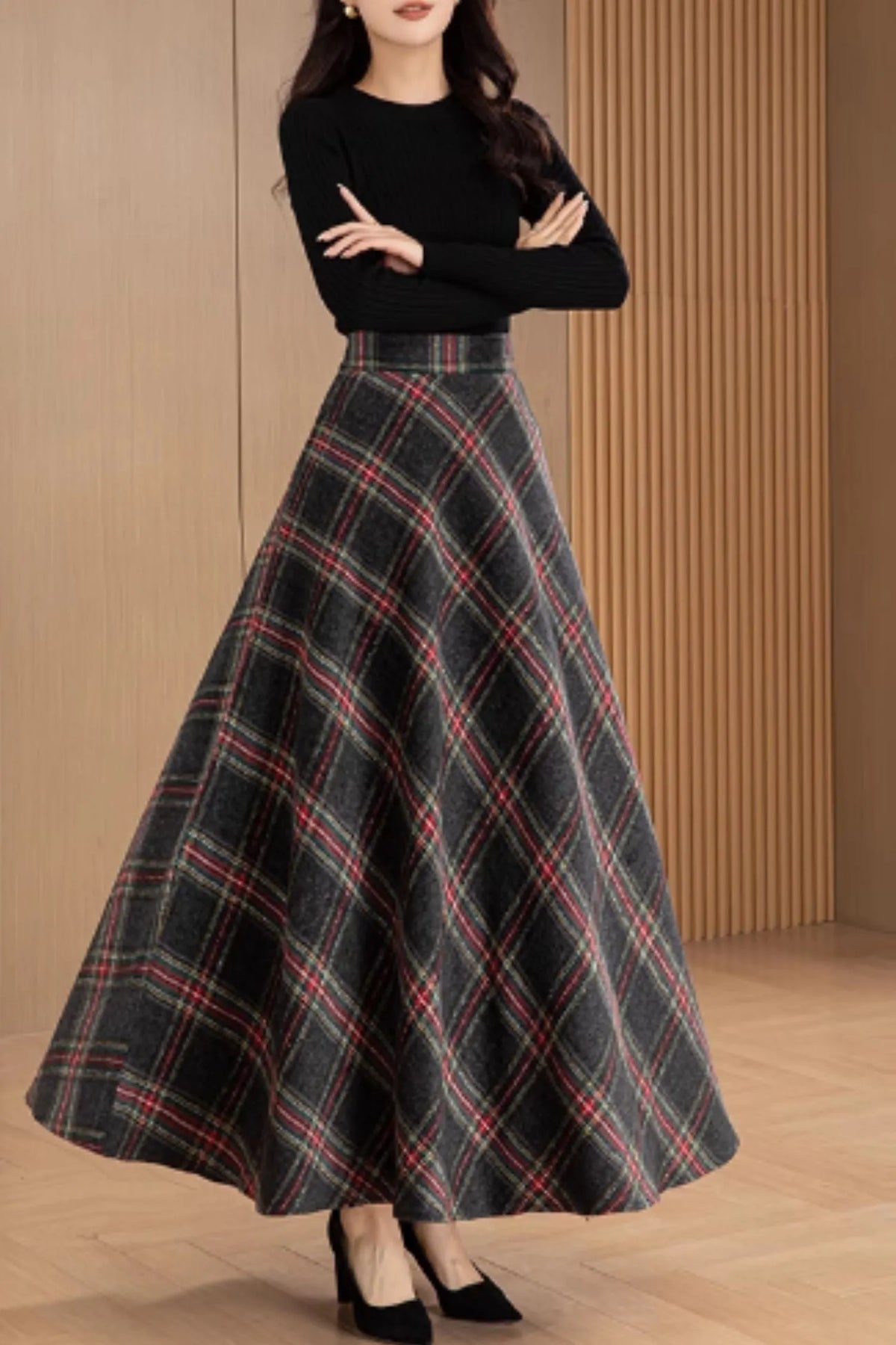Gray Wool Maxi Skirt - Vintage A-Line Plaid with Red Accents 5564