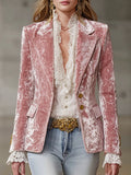 Fashion Retro Pink Velvet Gold Button Blazer