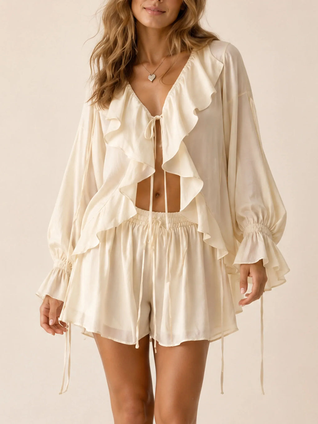 Great for a Chic Weekend Brunch — 2026 Spring Summer Women's Lingerie-Inspired Silk-Like Flowy Shorts Set