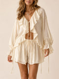 Great for a Chic Weekend Brunch — 2026 Spring Summer Women's Lingerie-Inspired Silk-Like Flowy Shorts Set