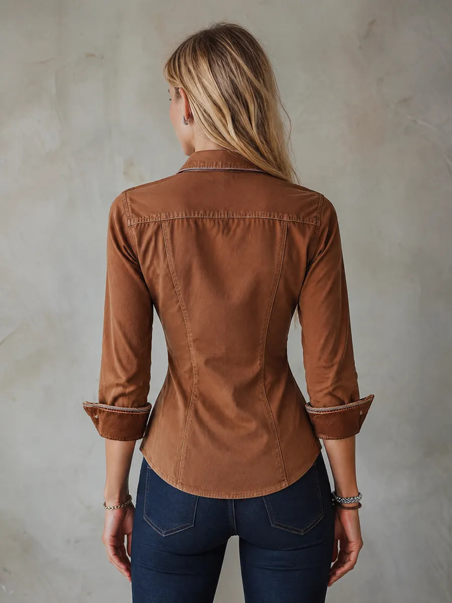 Women's Striped Placket Contrast Cuffs Slim Fit Rust Button Down Shirt
