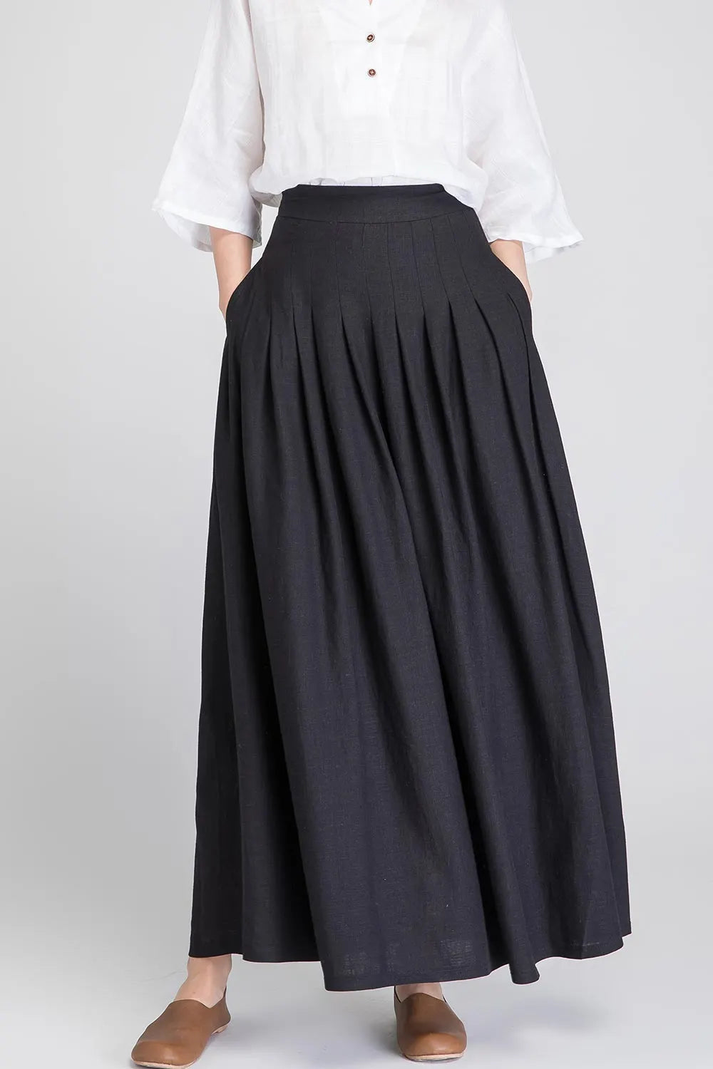 Black Linen Maxi Skirt - High-Waisted Pleated A-Line Skirt 1890