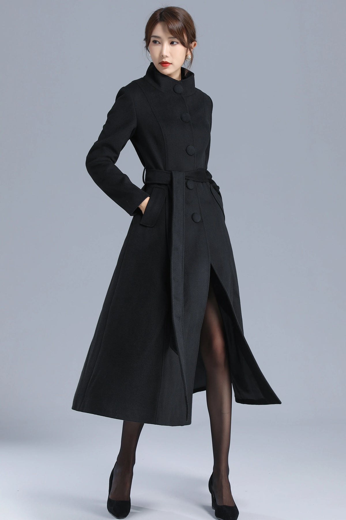 Black Wool Blend Coat - High Neck, Belted, Mid-Calf Length 3202