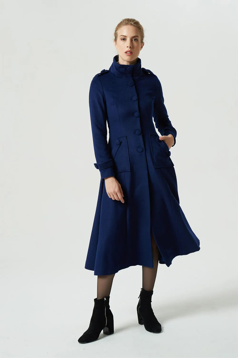 Vintage Wool Coat for Women – Handmade Navy Military Style Long Winter Coat 