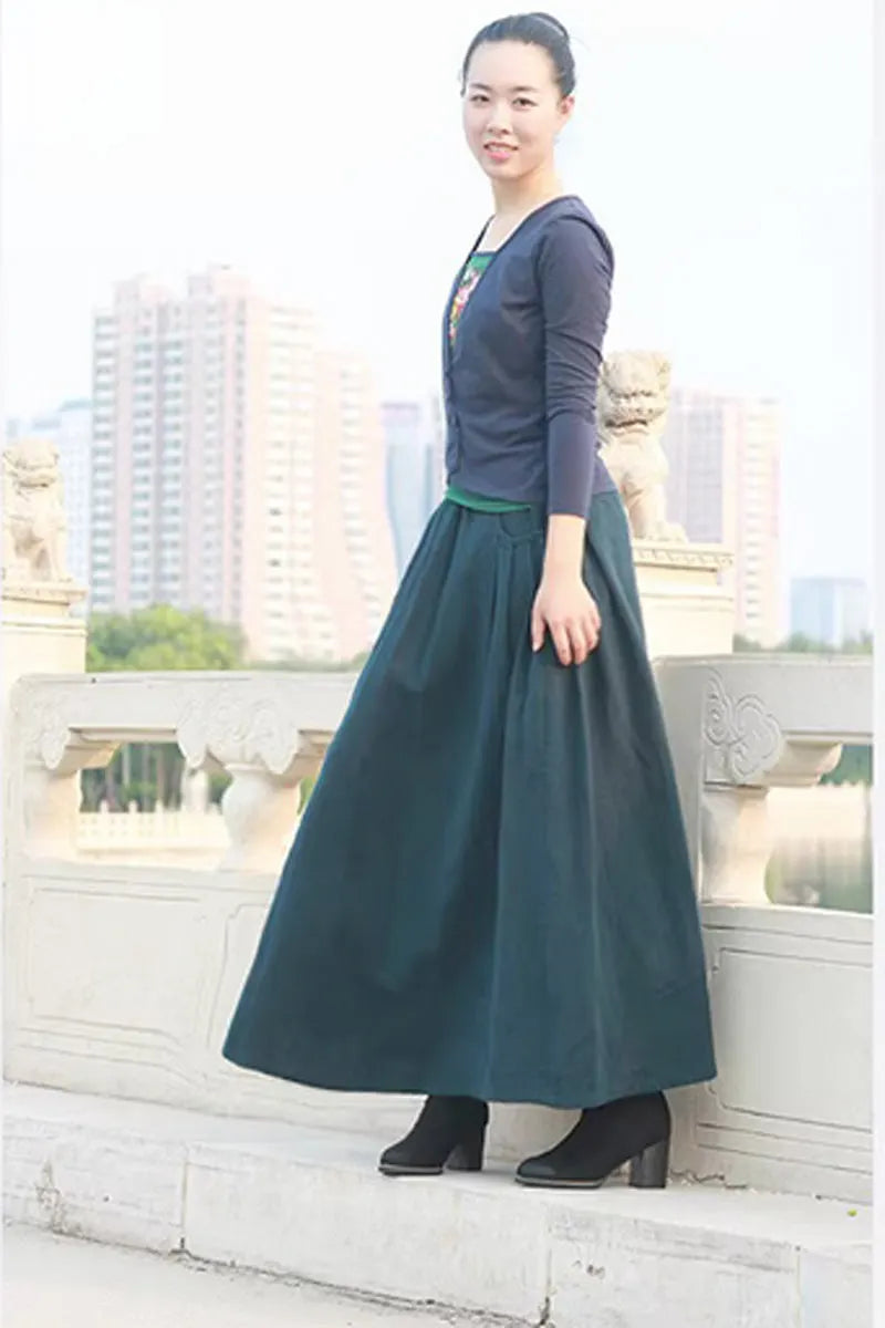 Linen Maxi Skirt - Elastic Waist Side Pockets Plus Size 