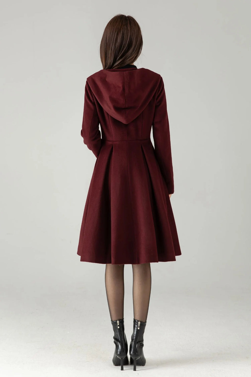 Hooded Burgundy Wool Coat – Vintage Fit & Flare Short Winter Coat 
