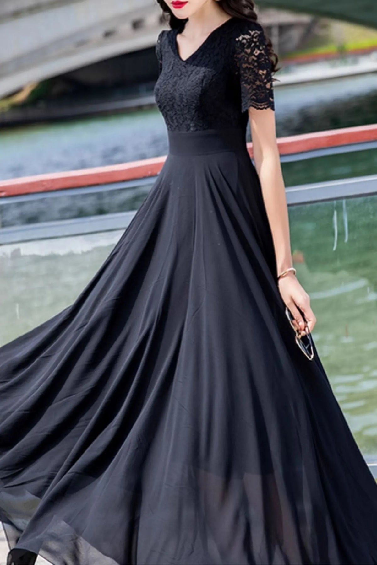 Black Chiffon Maxi Dress - Lace Top, Flowy Summer Silhouette 5025