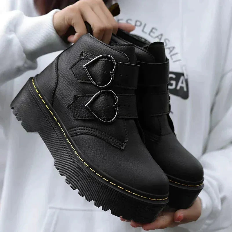 Women's Ankle Boots – Leather, Heart-Shaped Buckles, Casual for Everyday Wear