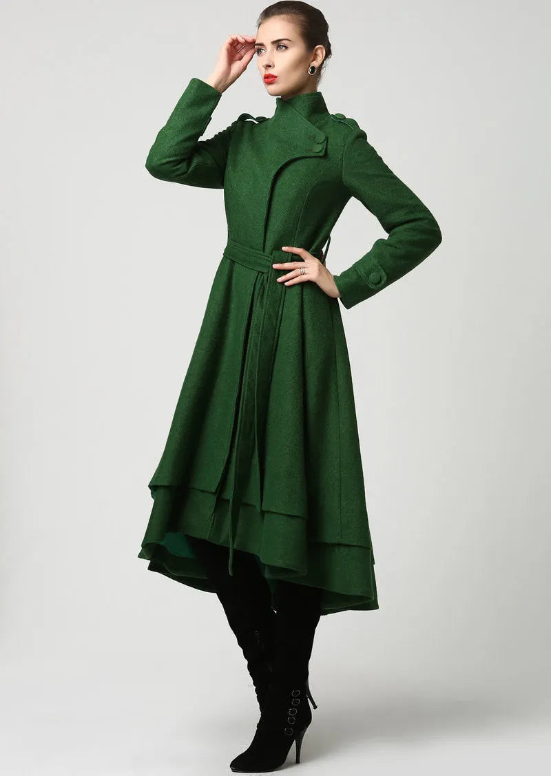 Vintage Dark Green Wool Blend Women's Coat – Military Collar & A-Line Hem 1112