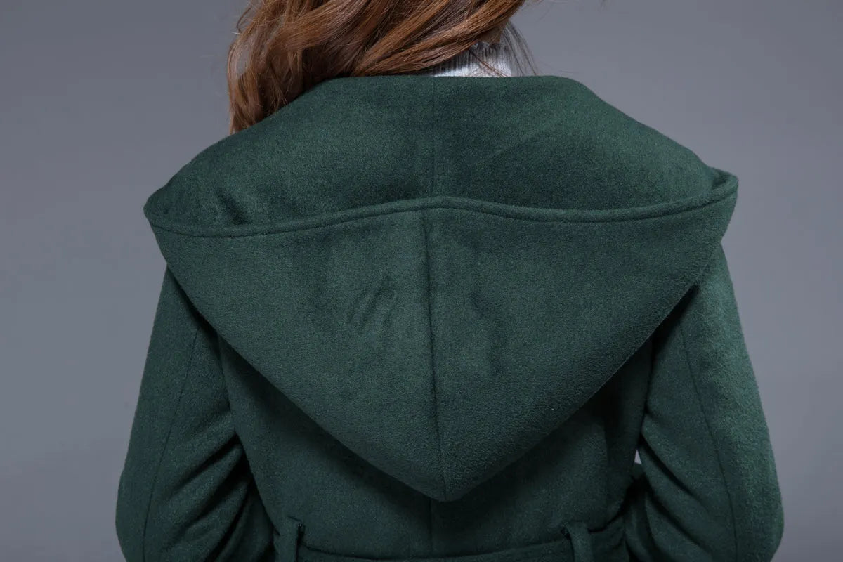 Vintage Wool Coat for Women – Handmade Green Double Breasted Hooded Belted Winter Coat 