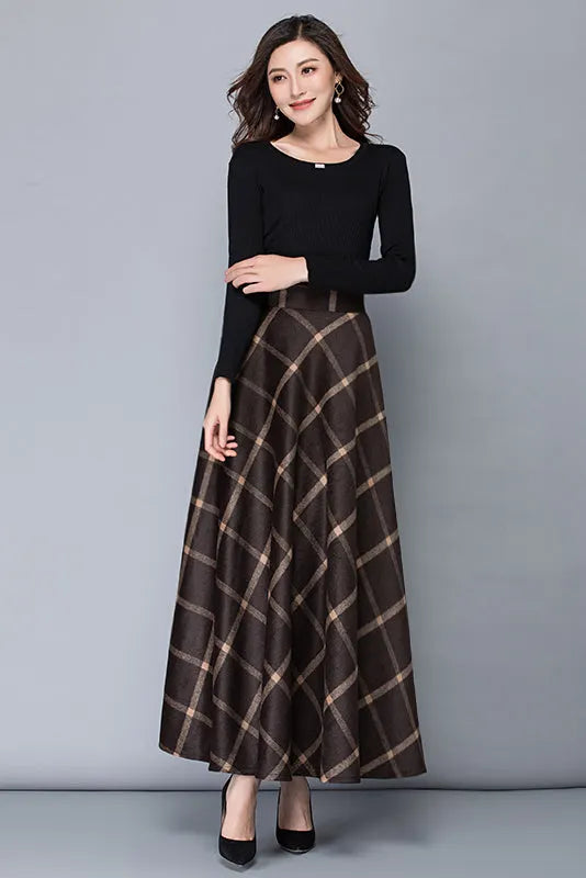 Brown Wool A-Line Maxi Skirt - High Waist with Pockets 3792