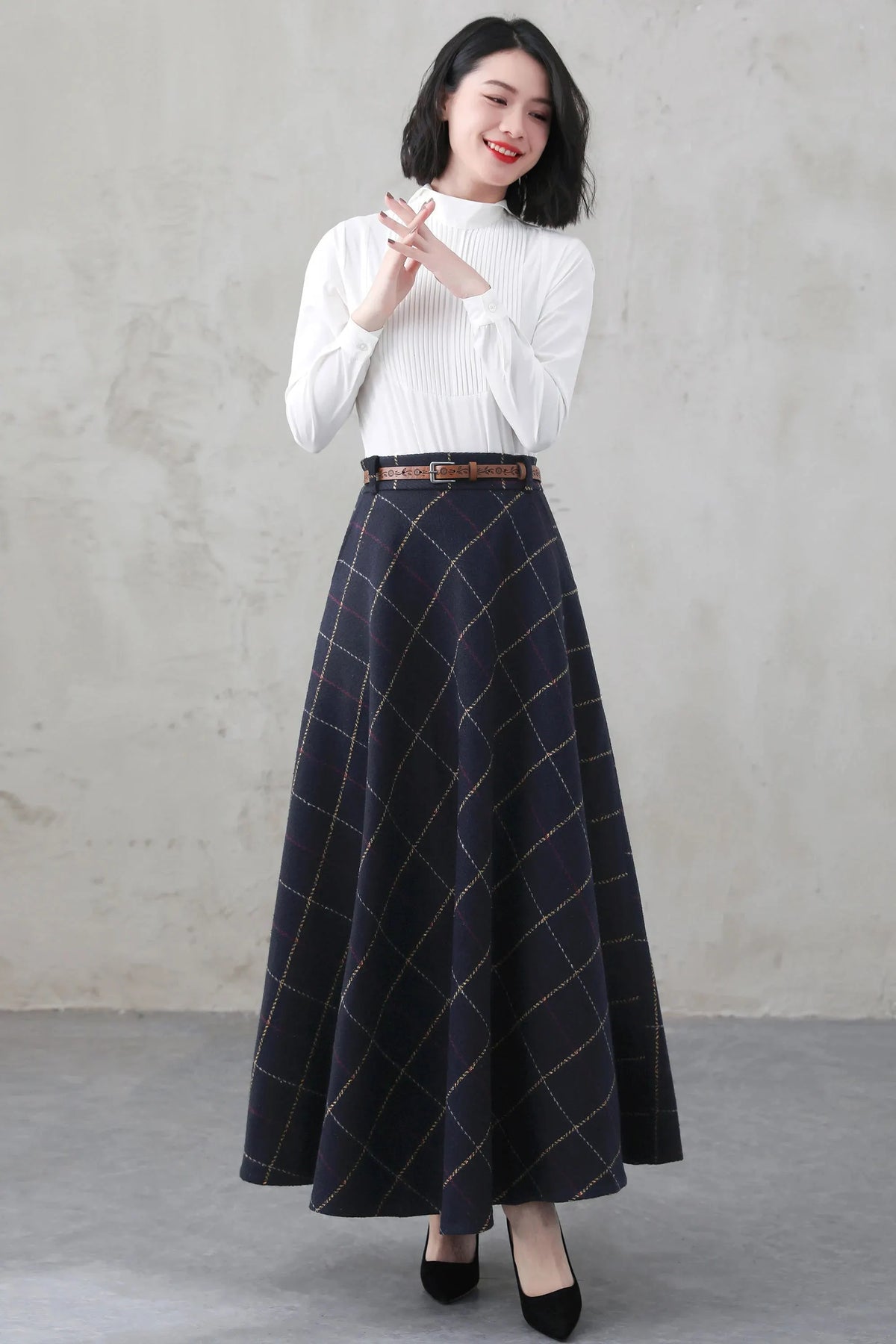 Blue Plaid Wool Blend A-Line Maxi Skirt - Vintage with Pockets 4001