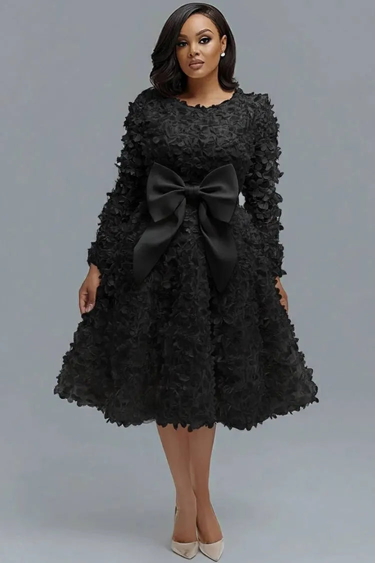 Wedding White Round Neck Long Sleeve Bow Tie Elegant 3D Midi Dresses