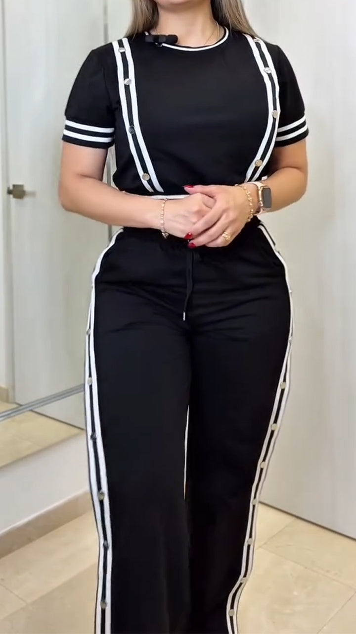 Ladies' Round Neck Patchwork Striped Top+buckle Side Slit Casual Set
