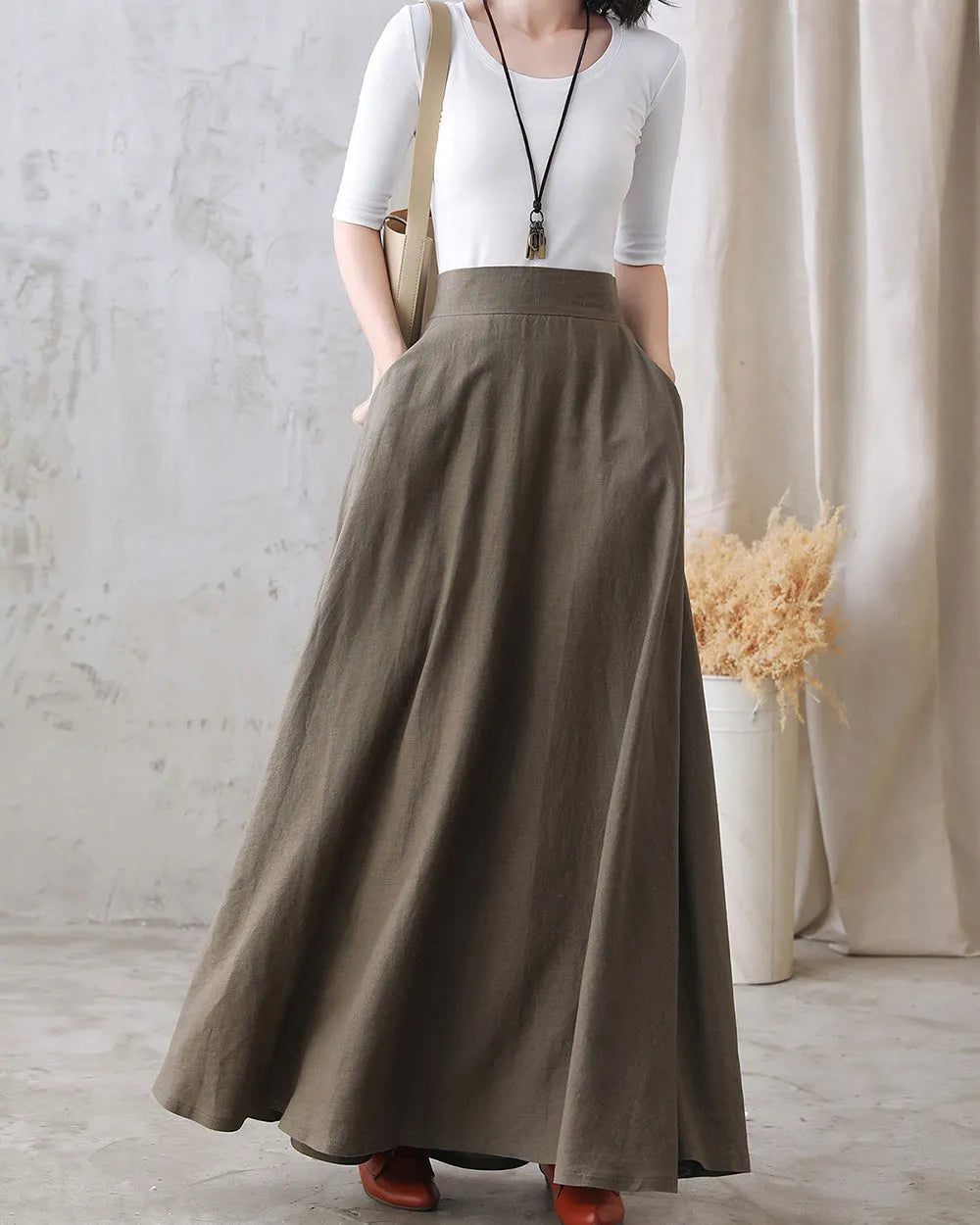 Khaki Linen Maxi Skirt - High Waist A-Line Hidden Zipper 