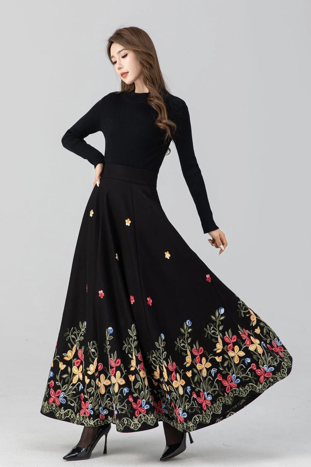 Black Wool Maxi Skirt - Embroidered Flared Silhouette 4664
