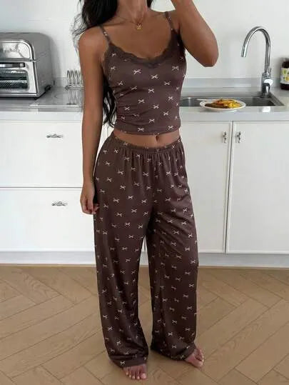 Pink Bow Lace Patchwork Cami Pajama Set