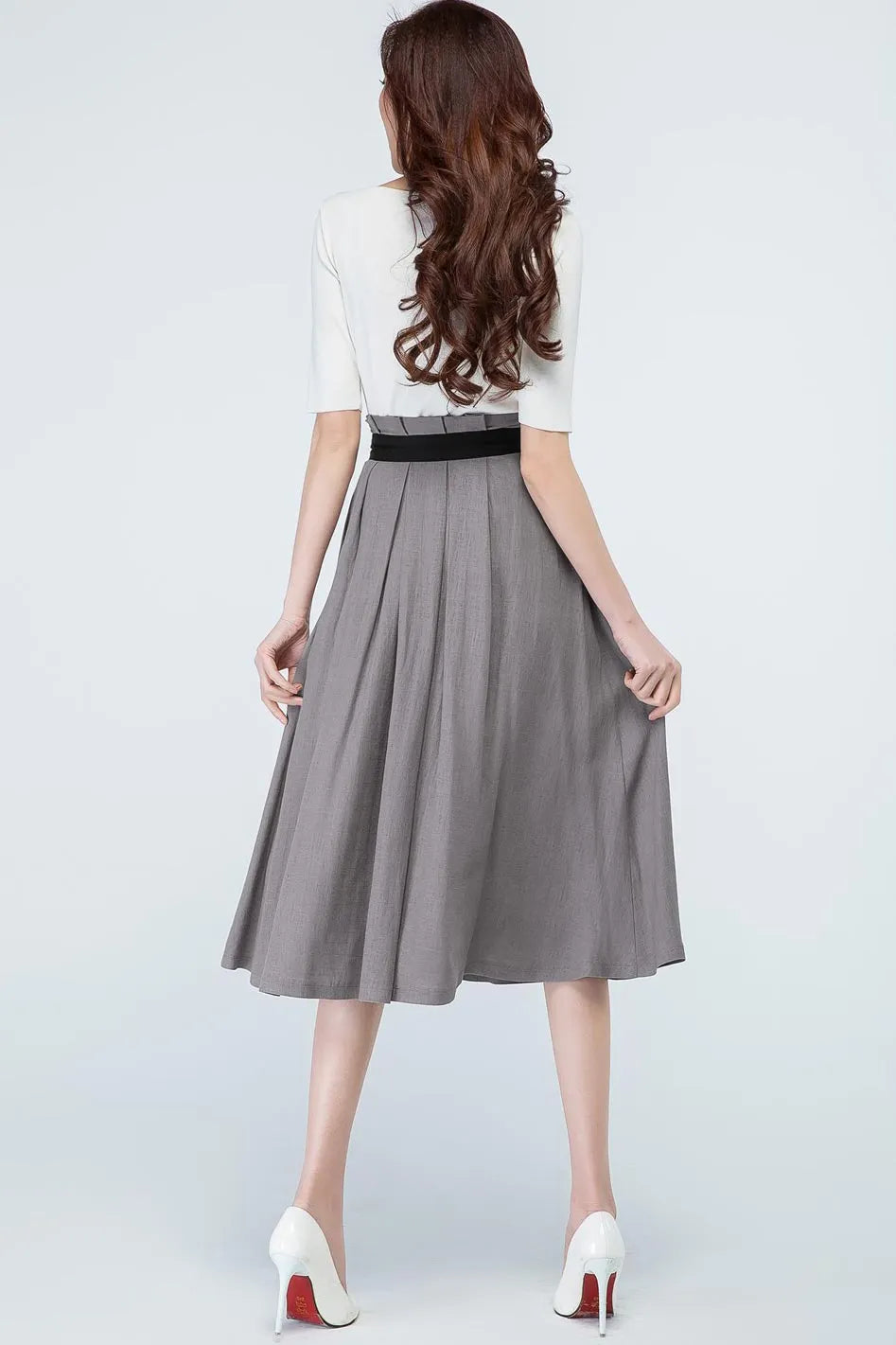 Grey Linen Blend A-Line Midi Skirt - Pleated Waist with Side Pockets 1691