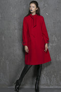 Vintage Wool Coat for Women – Handmade Red Bow-Tie Neck Long Winter Coat 