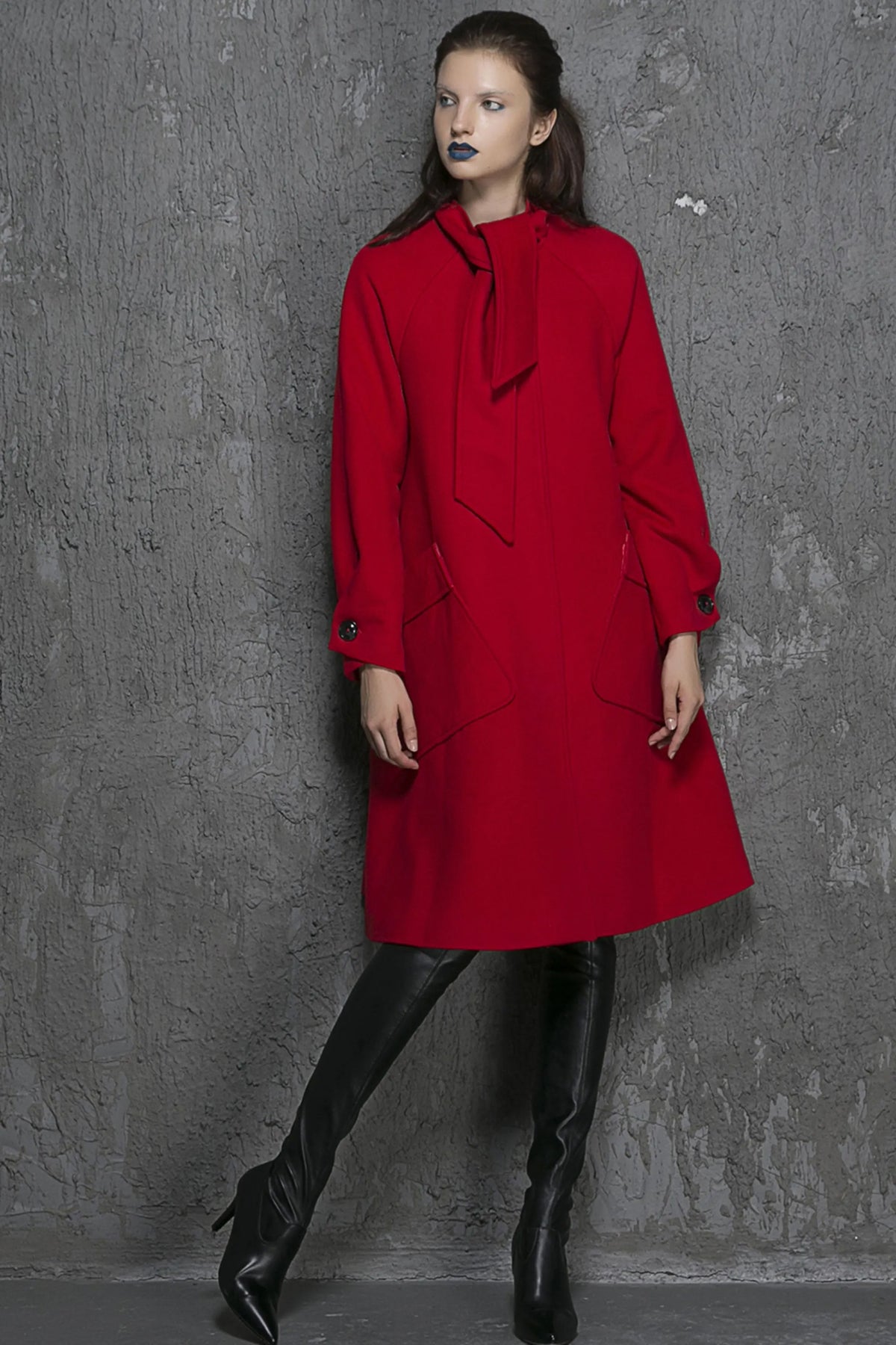 Vintage Wool Coat for Women – Handmade Red Bow-Tie Neck Long Winter Coat 
