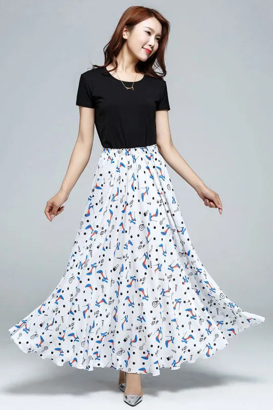 Printed Chiffon Maxi Skirt - Elastic Waist, Swing Silhouette 3608