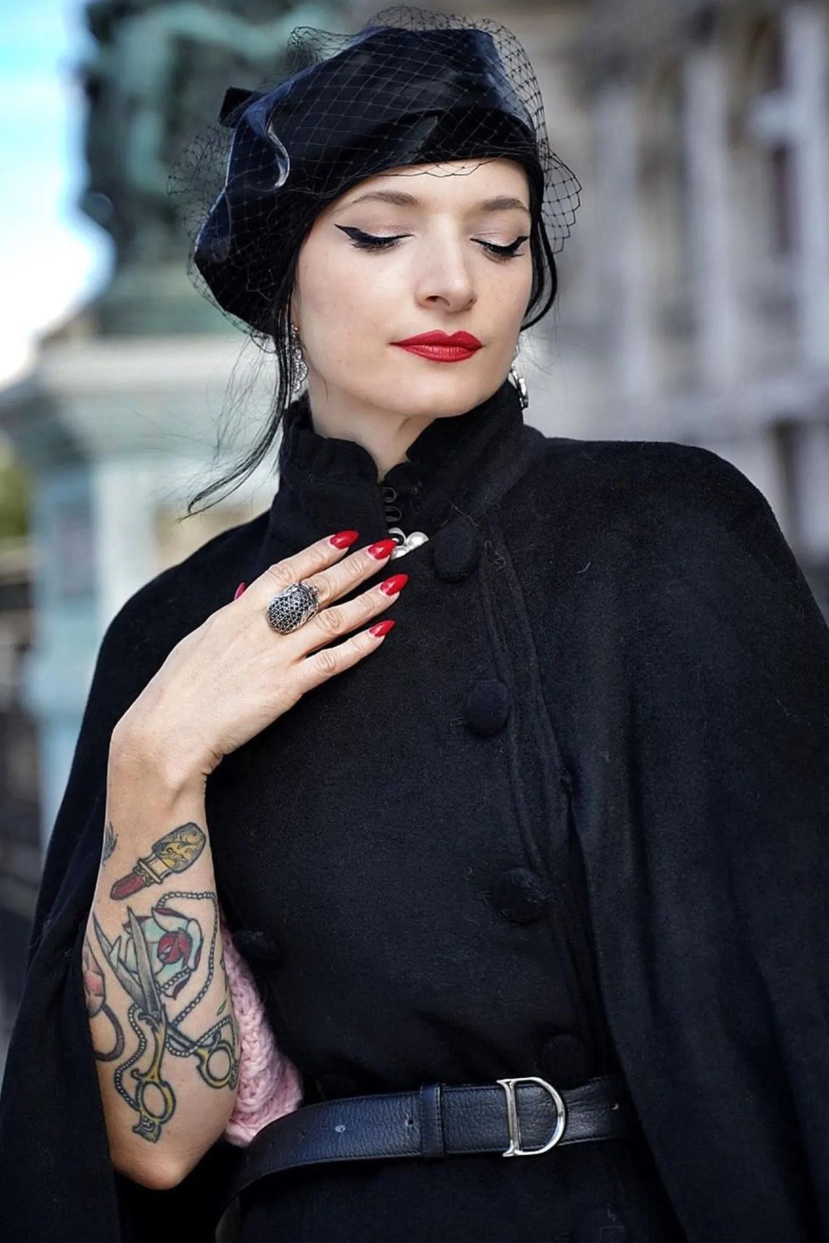 Black Wool Cape Coat - Double Breasted Knee-Length Stand Collar 3373