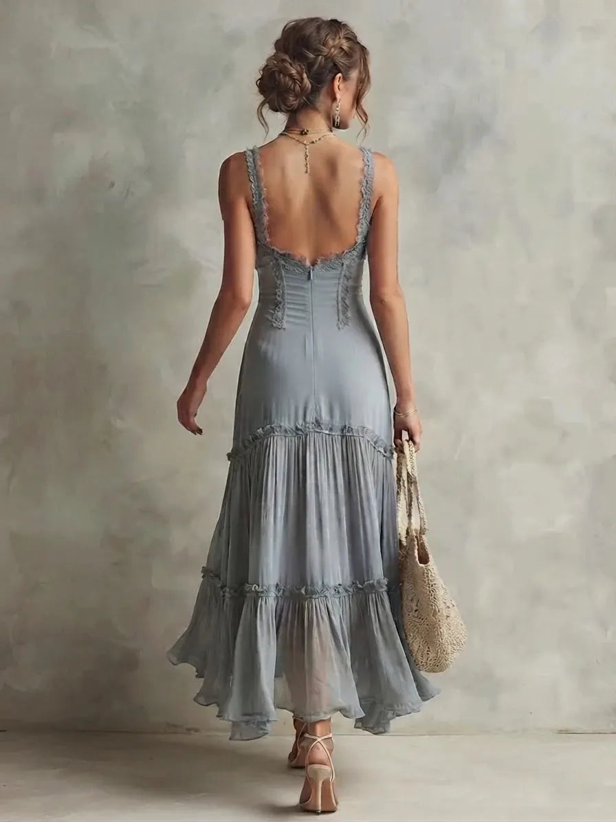 Bohemian Romantic Lace Trim Corset Chiffon Midi Dress