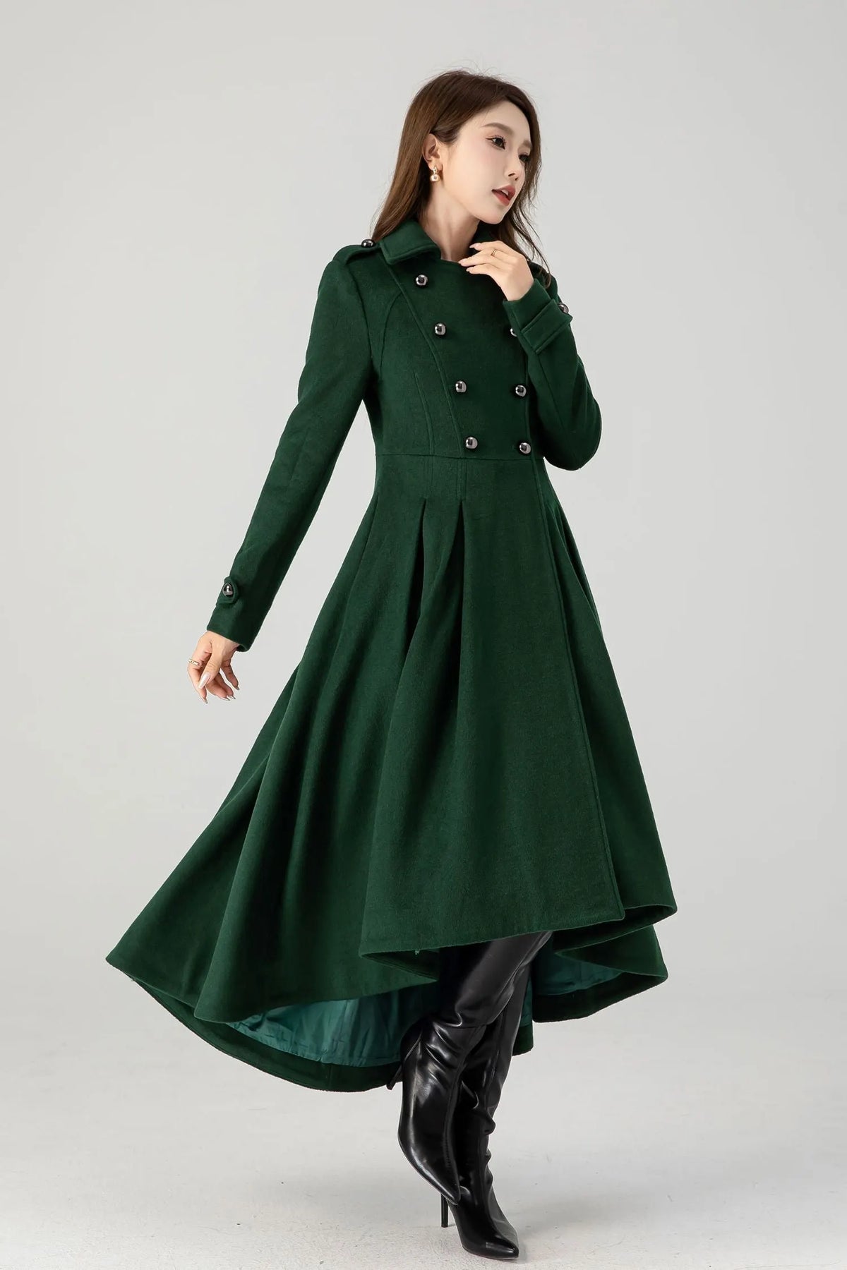 Green Wool Long Coat - Vintage Inspired A-Line Swing 4604