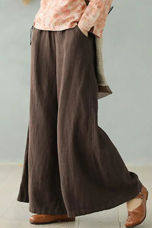 Brown Linen Blend Palazzo Pants - Elastic Waist, Wide Leg Relaxed Fit 2868