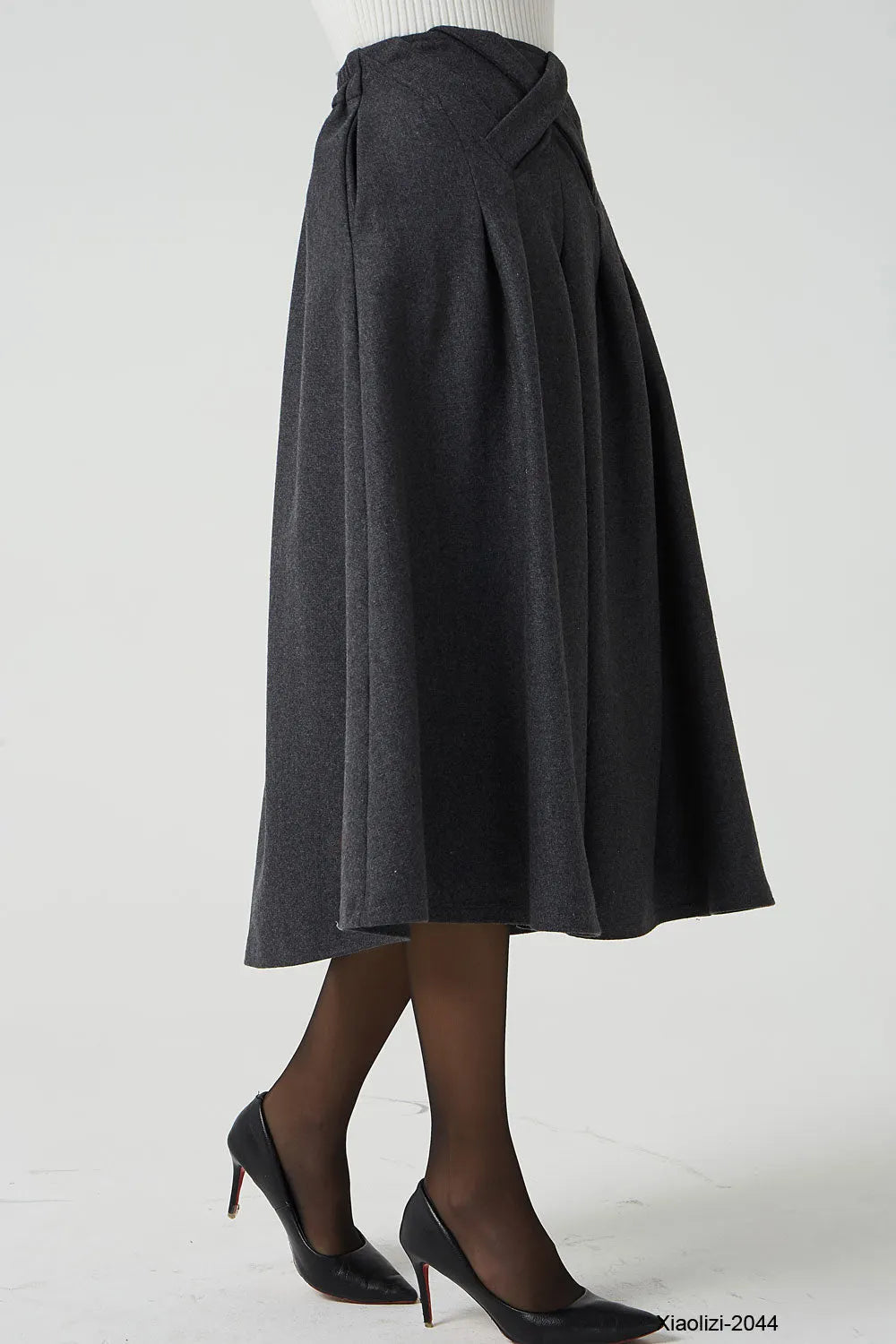 Gray Wool Midi Skirt - Pleated with Elastic Waist and Pockets 2044