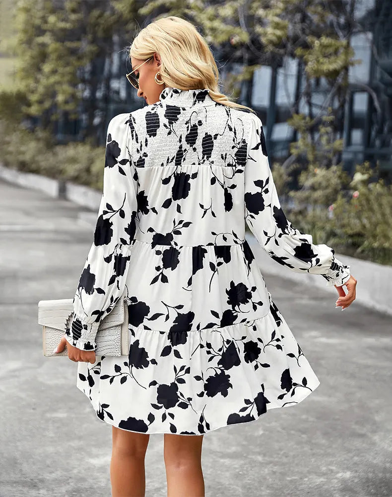 Promenade Printed Mock Neck Babydoll Dress