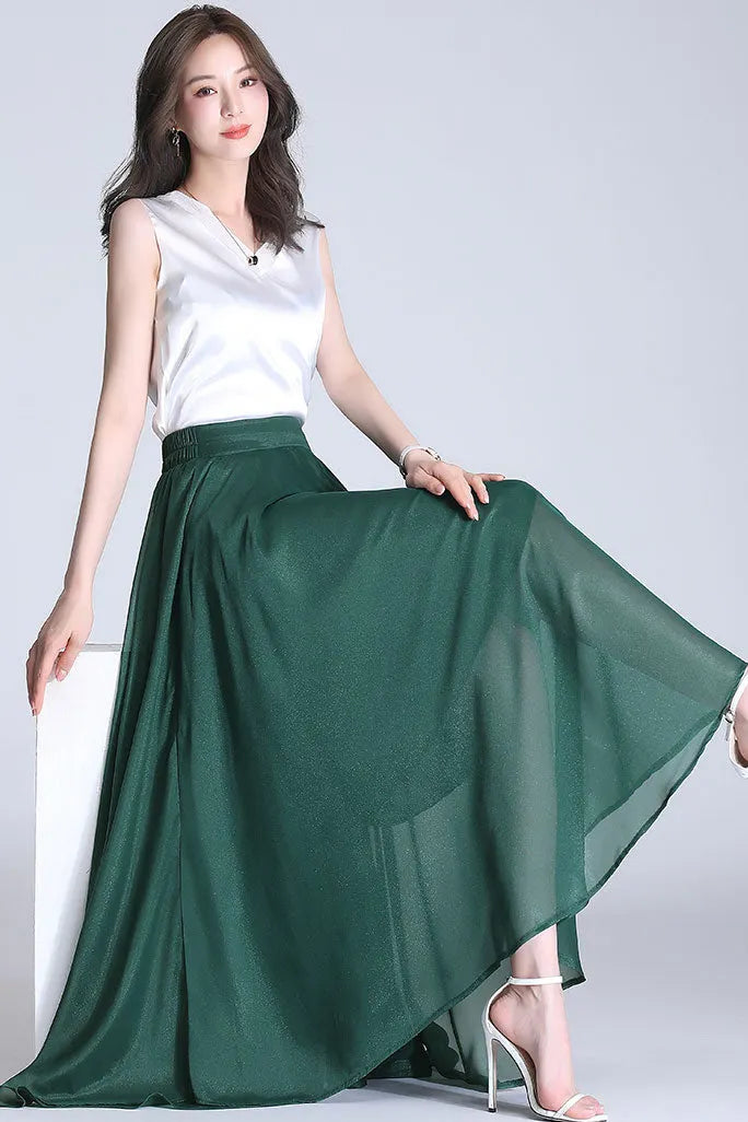 Emerald Green Chiffon Maxi Skirt - A-Line Silhouette, High Waist 3492