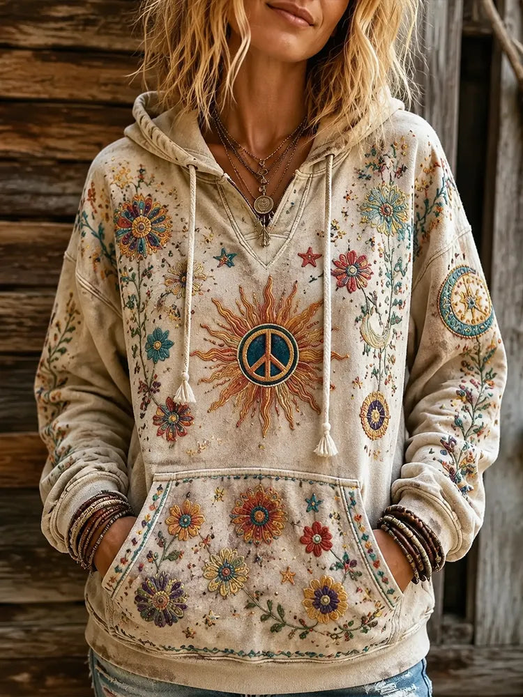 Women's Bohemian Vintage Tie-dye Peace Sign & Floral Embroidered Pullover Hoodie
