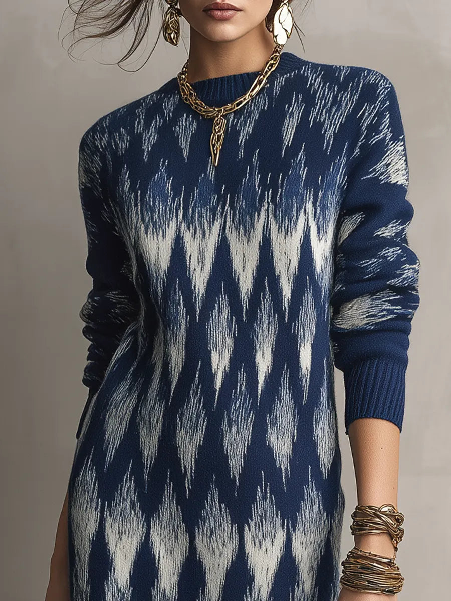 Artistic Navy Abstract Pattern Knit Maxi Dress