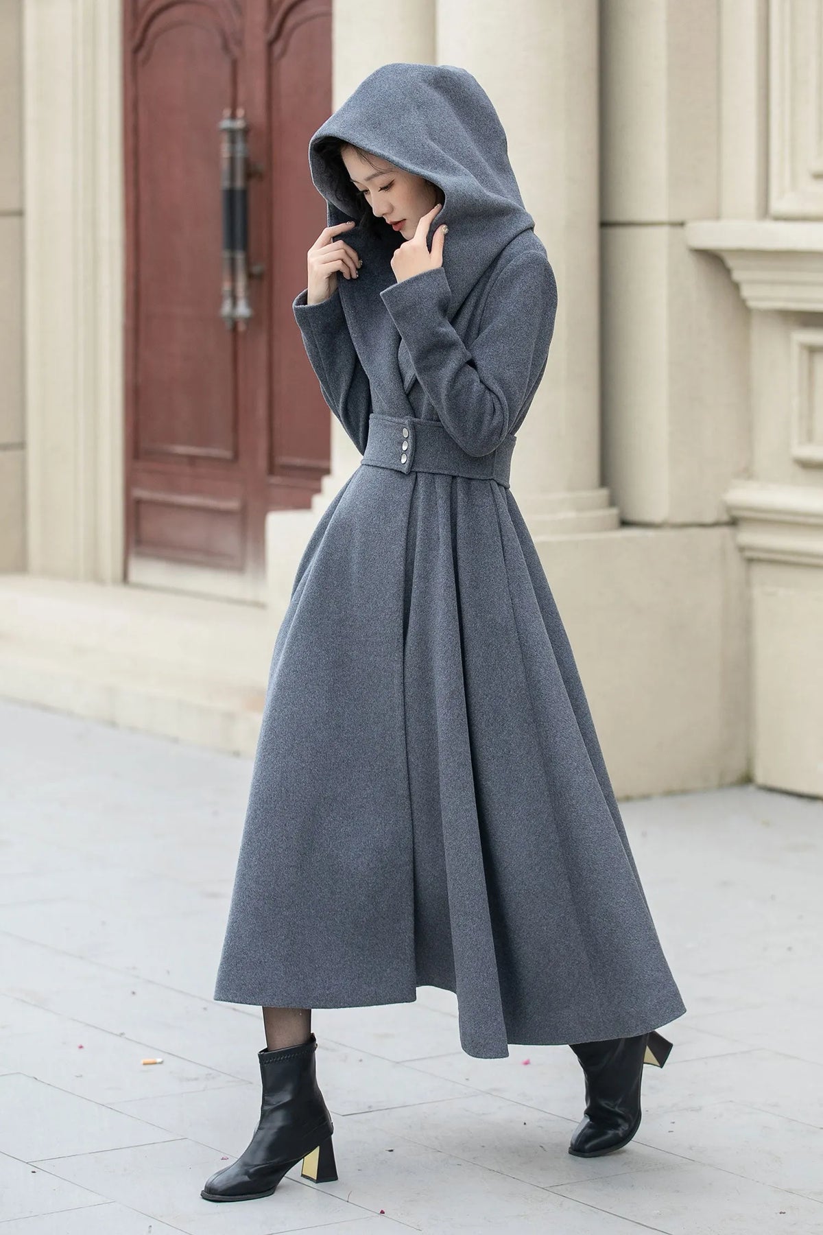 Gray Wool Hooded Long Coat - Oversize with Self Belt Waist 5344