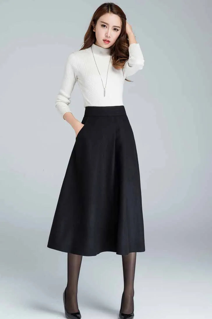Elegant Black Wool Skirt – Handmade Midi Winter Skirt with Pockets 