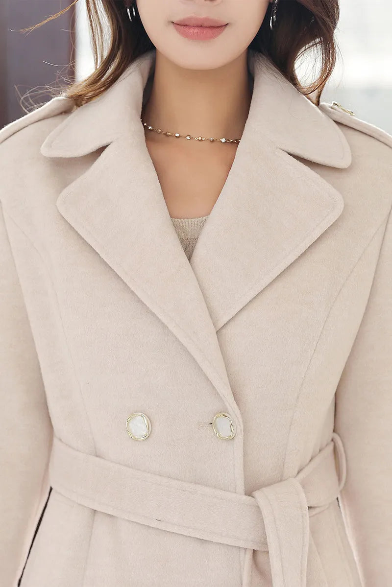 Beige Wool Coat - Double Breasted with Belted Waist 4016