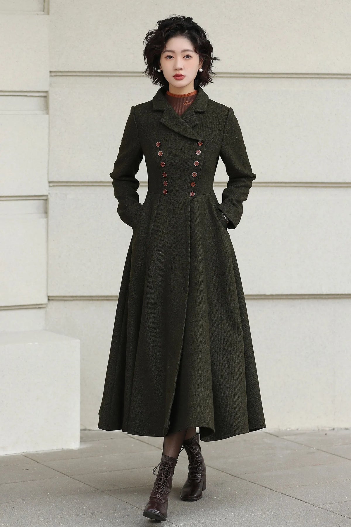 Xiaolizi Olive Green Handmade Wool Coat – Vintage A-Line Double Breasted Winter Coat 6611